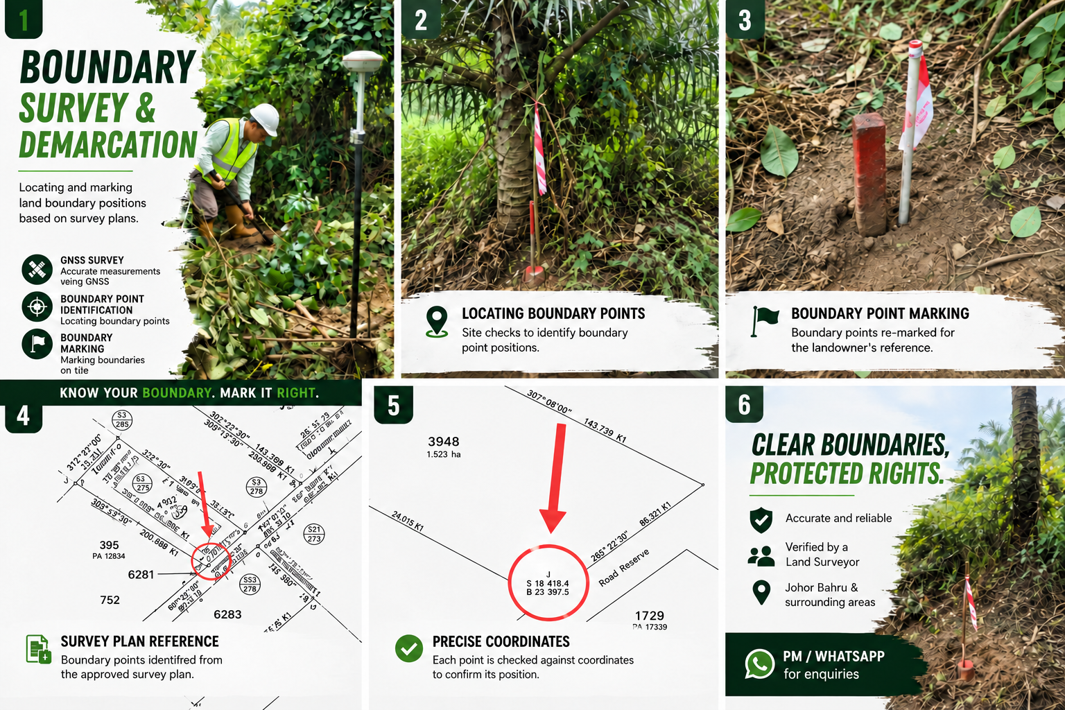 Six-panel English guide to GNSS boundary surveys, demarcation and survey plan references