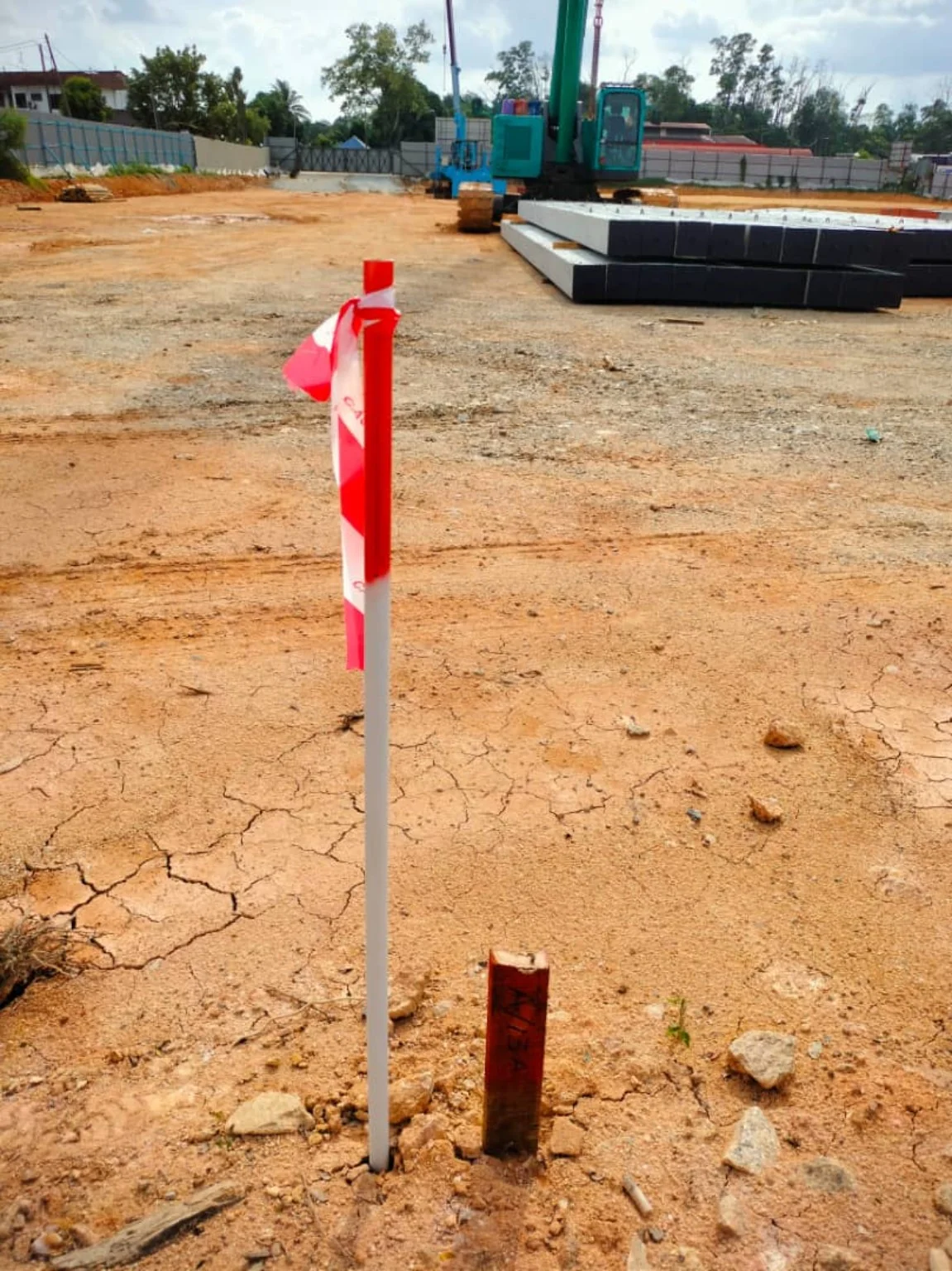 A piling position marked with a peg and red-and-white ribbon