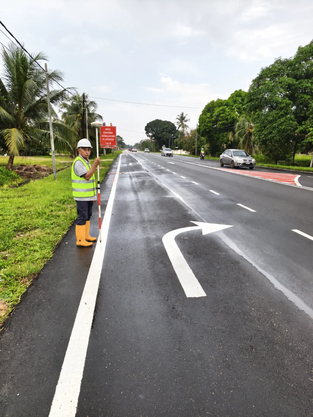 Surveyor taking measurements with a GNSS pole beside a road